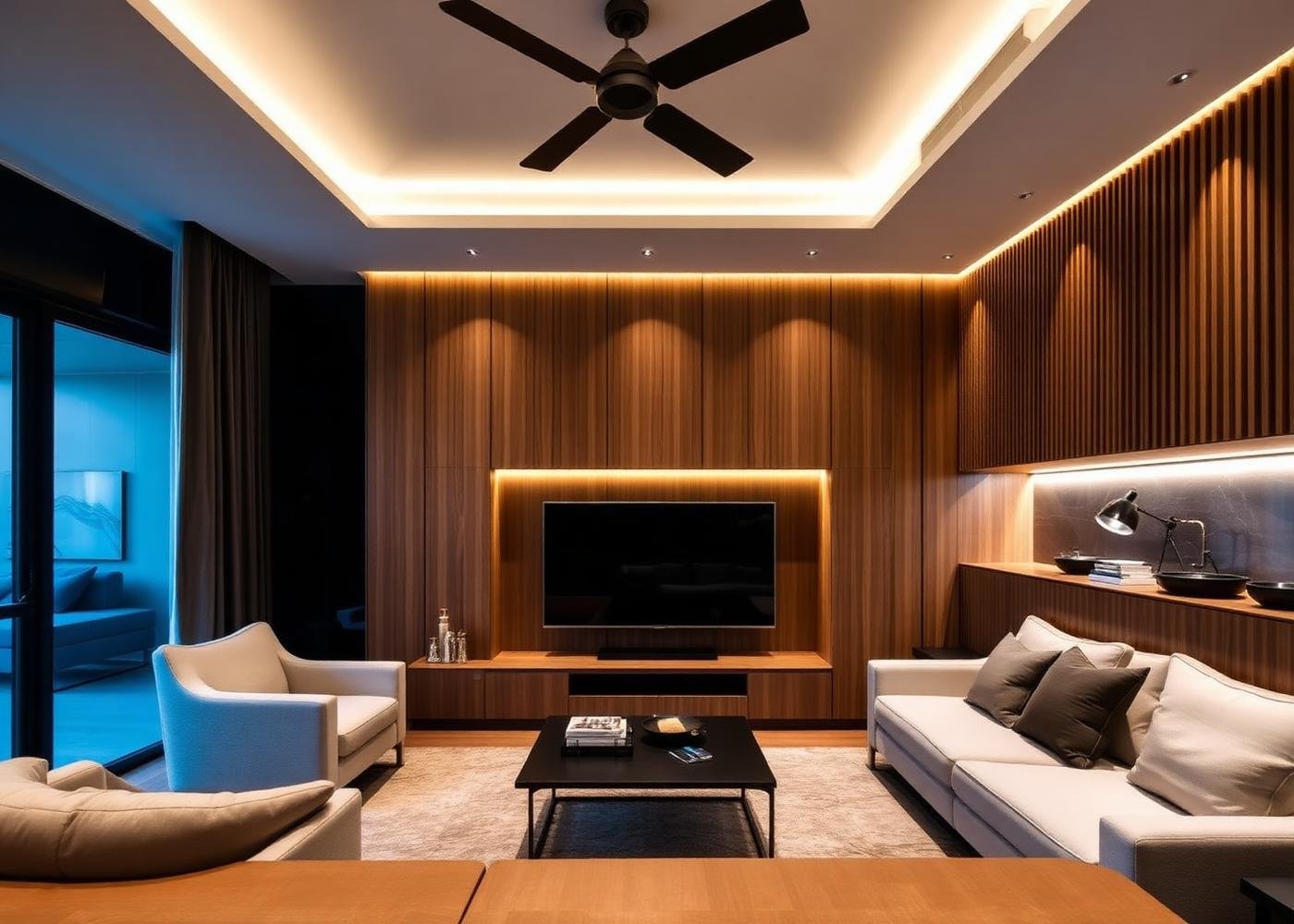 Sala com painel ripado